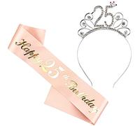 Liitata Ensemble diadème 25e anniversaire en or rose - Diadème en cristal et écharpe en satin avec « Happy 25th Birthday » - Accessoires de fête pour les femmes qui célèbrent leur 25e anniversaire