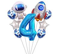 Liitata Kit spatial 4ème anniversaire pour enfants - Décoration d'anniversaire - Chiffre 4 - Ballons en aluminium - Bleu - Grand astronaute - Ballons étoile - Confettis pour fête à thème de garçon