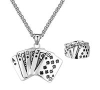 Liitata Lot de 2 cartes à jouer avec pendentif collier et anneaux Pik Royal Flush Collier Chunky Poker Carte Anneau Rock Gothic Punk Hip Hop Chaîne pour homme
