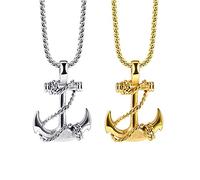 Liitata Lot de 2 colliers avec pendentif ancre nautique - Chaîne gothique punk hip hop - Collier talisman pour homme - Or argenté