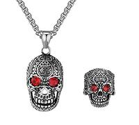 Liitata Lot de 2 colliers avec pendentif tête de mort - Collier avec pendentif en cristal rouge - Motif crâne - Style rétro squelette - Style gothique punk hip hop - Pour homme