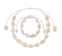 Liitata Lot de 2 colliers en coquillage - Collier ras de cou - Collier de coquillages - Bracelet de cheville - Fait à la main - Collier hawaïen - Réglable - Pour femme et fille - Blanc