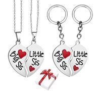 Liitata Lot de 2 colliers et 2 porte-clés sœur avec pendentif en forme de cœur Big Sis Little Sis - Pour petite amie ou fille - Cadeau d'anniversaire souvenir