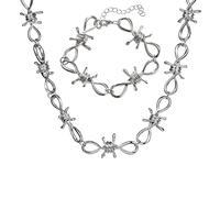 Liitata Lot de 2 colliers et bracelets en fil barbelé gothique avec épine, collier ras-du-cou, style punk, hip-hop, rock, bijoux chaîne pour homme, femme, garçon, fille - Argent