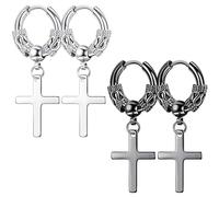 Liitata Lot de 2 paires de boucles d'oreilles en forme de croix gothique en acier inoxydable - Boucles d'oreilles hip hop punk rock pour hommes et femmes - Argent et noir