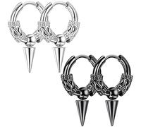 Liitata Lot de 2 paires de boucles d'oreilles gothiques en acier inoxydable avec rivets pour hommes et femmes - Argent et noir