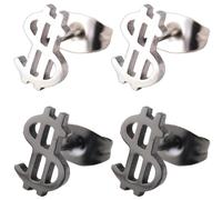 Liitata Lot de 2 paires de boucles d'oreilles gothiques en acier inoxydable Motif dollar américain Style hip hop punk rock Pour filles et femmes Argent et noir