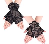 Liitata Lot de 2 paires de gants en dentelle courte avec fleurs sans doigts rétro Opera Party Gants pour mariage, Halloween, mascarade, carnaval, thème fête, noir Style 1, Noir , taille unique
