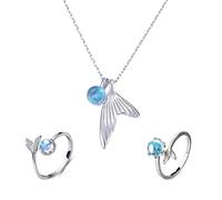 Liitata Lot de 3 bagues et collier sirène - Bijoux en pierre bleue pour femme, bague d'infirmière pour amies, filles, cadeau d'anniversaire, souvenir - Argent