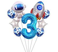 Liitata Lot de 3 ballons décoratifs pour anniversaire d'enfant - Motif : chiffre 3 - Bleu - Grand astronaute fusée - Ballons en forme d'étoile - Ballons à confettis - Pour fête d'anniversaire