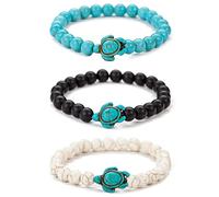 Liitata Lot de 3 bracelets tortue en pierre naturelle Bracelet de perles de yoga Bracelets élastiques en corde pour homme et femme Noir Blanc Vert