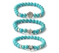 Liitata Lot de 3 bracelets turquoise en pierre naturelle - Style bohème - Coquillage Étoile de mer - Élastique - Pour l'été - Hawaï - Bijoux de plage homme femme