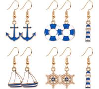 Liitata Lot de 5 paires de boucles d'oreilles nautiques ancre Boucles d'oreilles Plage Voilier Gouvernail Boucles d'oreilles pour femmes - Or