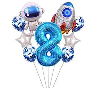 Liitata Lot de 8 ballons décoratifs pour anniversaire d'enfant Motif chiffre 8 Bleu Grand astronaute fusée Ballons en forme d'étoile Ballons à confettis Pour fête d'anniversaire de garçon