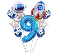 Liitata Lot de ballons spatiaux 9ème anniversaire pour enfants - Décoration d'anniversaire - Chiffre 9 - Ballons en aluminium - Bleu - Grand astronaute - Ballons à confettis - Ballons à confettis -