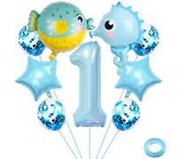 Liitata Seahorse - Ensemble de ballons gonflables en aluminium en forme de chiffre 1 - Motif poissons et créatures de mer - Bleu clair - Décoration de fête d'anniversaire pour garçon