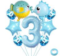 Liitata Seahorse - Ensemble de ballons gonflables en aluminium en forme de chiffre 3 - Motif poissons et créatures - Bleu clair - Décoration de fête d'anniversaire pour garçon