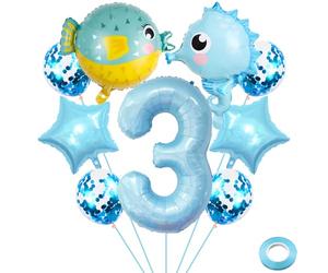Liitata Seahorse - Ensemble de ballons gonflables en aluminium en forme de chiffre 3 - Motif poissons et créatures - Bleu clair - Décoration de fête d'anniversaire pour garçon