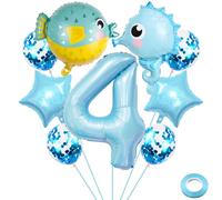 Liitata Seahorse - Ensemble de ballons gonflables en aluminium en forme de chiffre 4 - Motif poissons et créatures de mer - Bleu clair - Décoration de fête d'anniversaire pour garçon