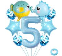 Liitata Seahorse - Ensemble de ballons gonflables en aluminium en forme de chiffre 5ème anniversaire - Motif : créatures de mer - Bleu clair - Décoration de fête d'anniversaire pour garçon