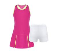 LiiYii 2Pcs Sportswear Enfants Fille Tenue de Tennis Golf Ensemble T-Shirt Chemise à Manches Courtes Jupe de Sport Evasé Vêtement Eté Casual Joggings 5-14 Ans B Rose Rouge 9-10 Ans