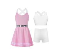 LiiYii 3Pcs Sportswear Enfants Fille Tenue de Tennis Golf Ensemble Robe + Debardeur + Short de Sport Vêtement Eté Casual Joggings Rose 9-10 Ans