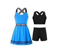 LiiYii 3Pcs Sportswear Enfants Fille Tenue de Tennis Golf Ensemble Robe + Debardeur + Short de Sport Vêtement Eté Casual Joggings Bleu 9-10 Ans