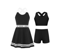 LiiYii 3Pcs Sportswear Enfants Fille Tenue de Tennis Golf Ensemble Robe + Debardeur + Short de Sport Vêtement Eté Casual Joggings Noir 13-14 Ans