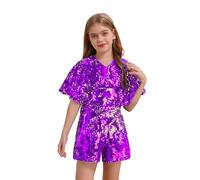 LiiYii bodysuit paillettes pour enfant filles combinaison courte manches courtes jumpsuit de danse hip hop scintillant costume de danse disco Violet 5-6 ans