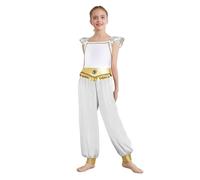 LiiYii Costume De Princesse Arabe Pour Filles Combinaison De Scène Avec Strass Paillettes Déguisement Halloween Indien Princesse Blanc 5-6 ans