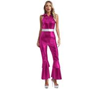 LiiYii Costume Métallique Brillant Femme Combinaison Années 70 Disco Col Revers Sans Manches Jumpsuit Taille Haute évasé Pantalon Costume De Chanteur De Danse Disco Rose vif S