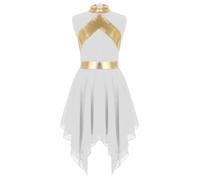 LiiYii Enfant Justaucorps Gymnastique Fille sans Manches Asymétrique Robe Danse Latine Robe Danse Lyrique Jazz Performance 5-16 Ans Blanc 9-10 Ans
