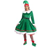 LiiYii Ensemble De Elfes Femmes Costume Robe En Velours Elfes Chapeau Chaussures Rayés Chaussettes Et Ceinture Tenue De Noël Lutin Complet Costume Vêtementsde Fête Drôle Pour Adulte Vert S