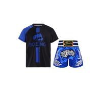 LiiYii Ensemble De Muay Thai Garçon Hauts De Boxe Et Short Costome De Kickboxing Combat Tenue De Grappling Pour Enfant Vêtements De Sport Bleu 9-10 ans