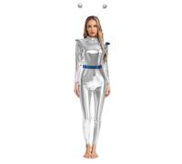 LiiYii Femme Costume d'Alien Métallique Brillant Body d'Astronaute Tenue Spatial Extraterrestre Avec Bande d'Alien Body Wetlook Pour Fête Rave Costume Carnaval Mascarade Argent M
