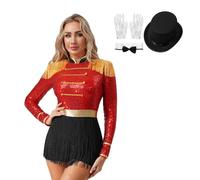 LiiYii Femme Costume de Ringmaster Directrice Cirque Uniforme de Garde Déguisement Maître Avec Nappe Paillettes Bodysuit Leotard Déguisement Carnaval Halloween Rouge 3XL