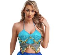 LiiYii Femme Débardeur Danse Orientale Soutiens-Gorge Danse du Ventre Spectacle Halter Top Haut Danse Latine Tango Samba Salsa Clubwear Bleu Clair Taille Unique
