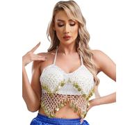 LiiYii Femme Débardeur Danse Orientale Soutiens-Gorge Danse du Ventre Spectacle Halter Top Haut Danse Latine Tango Samba Salsa Clubwear Blanc Taille Unique
