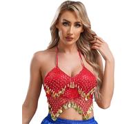 LiiYii Femme Débardeur Danse Orientale Soutiens-Gorge Danse du Ventre Spectacle Halter Top Haut Danse Latine Tango Samba Salsa Clubwear Rouge Taille Unique