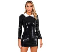 LiiYii Femme Mini Robe Simili Cuir Sexy, Robe Clubbing Moulant Cuir Manches Longues, Wetlook Clubwear Cocktail Robe Court Robe de Soirée Noir XXL
