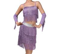 LiiYii Femmes Robes Danse Latino Américaine Tango avec Pompons Strass Tenue De Patinage Artistique Crop Top Danse Moderne Mini Jupe Costume Danse Samba Rumba Salsa Lavande M