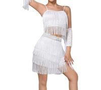 LiiYii Femmes Robes Danse Latino Américaine Tango avec Pompons Strass Tenue De Patinage Artistique Crop Top Danse Moderne Mini Jupe Costume Danse Samba Rumba Salsa Blanc M