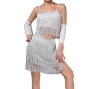 LiiYii Femmes Robes Danse Latino Américaine Tango avec Pompons Strass Tenue De Patinage Artistique Crop Top Danse Moderne Mini Jupe Costume Danse Samba Rumba Salsa Argent M