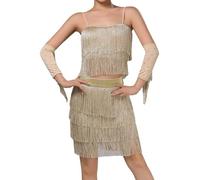 LiiYii Femmes Robes Danse Latino Américaine Tango avec Pompons Strass Tenue De Patinage Artistique Crop Top Danse Moderne Mini Jupe Costume Danse Samba Rumba Salsa Or M