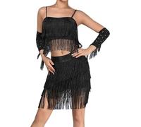 LiiYii Femmes Robes Danse Latino Américaine Tango avec Pompons Strass Tenue De Patinage Artistique Crop Top Danse Moderne Mini Jupe Costume Danse Samba Rumba Salsa Noir L