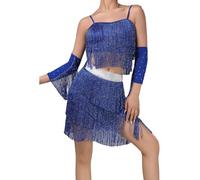 LiiYii Femmes Robes Danse Latino Américaine Tango avec Pompons Strass Tenue De Patinage Artistique Crop Top Danse Moderne Mini Jupe Costume Danse Samba Rumba Salsa Bleu Royal M