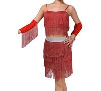 LiiYii Femmes Robes Danse Latino Américaine Tango avec Pompons Strass Tenue De Patinage Artistique Crop Top Danse Moderne Mini Jupe Costume Danse Samba Rumba Salsa Rouge XL