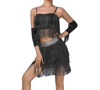 LiiYii Femmes Robes Danse Latino Américaine Tango avec Pompons Strass Tenue De Patinage Artistique Crop Top Danse Moderne Mini Jupe Costume Danse Samba Rumba Salsa Noir Argent L