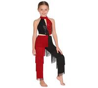 LiiYii Filles Costume Disco Des Années Style Discothèque Justaucorps Danse Moderne Jazz Vêtements Danse Latino Américain Tango Avec Paillettes Nappe Costume Carnaval Rouge 15-16 ans