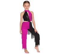 LiiYii Filles Costume Disco Des Années Style Discothèque Justaucorps Danse Moderne Jazz Vêtements Danse Latino Américain Tango Avec Paillettes Nappe Costume Carnaval Rose Vif 15-16 ans